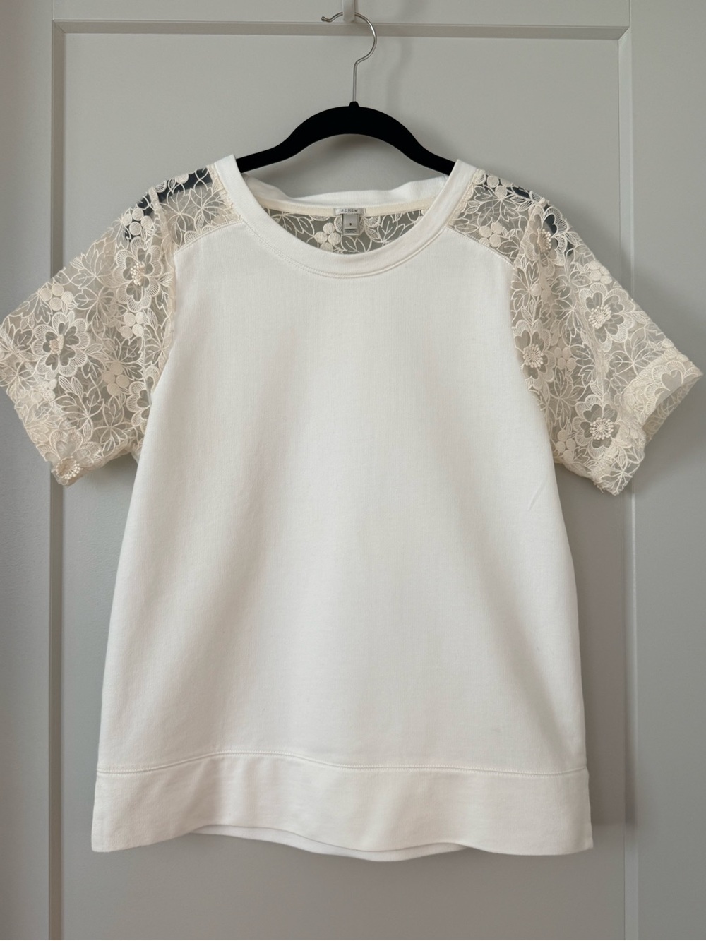 J. Crew Cream Lace Sleeve Short Sleeve Sweatshirt
